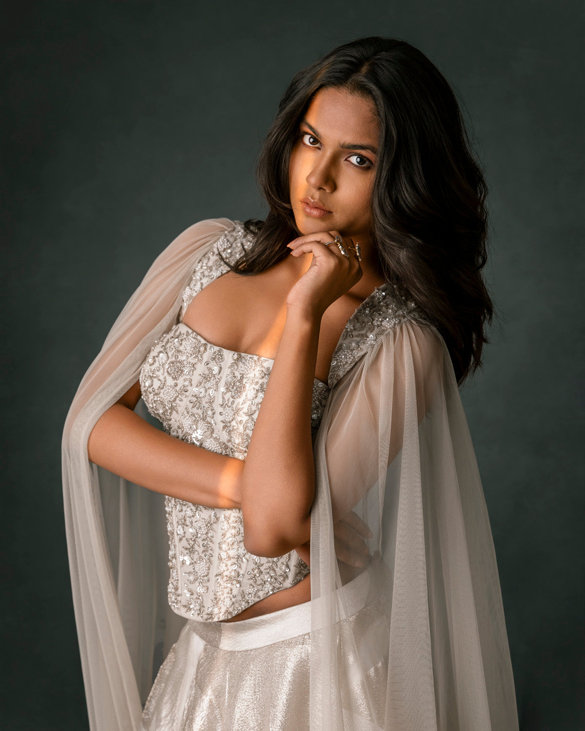 Ivory Corset with Cape Sleeves and Organza Zari Skirt