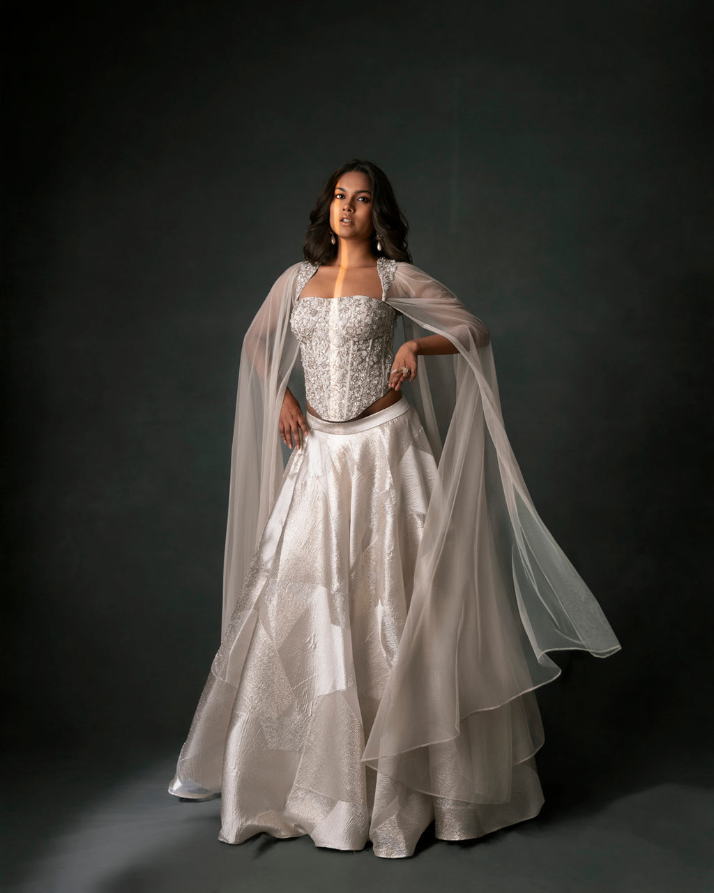 Ivory Corset with Cape Sleeves and Organza Zari Skirt