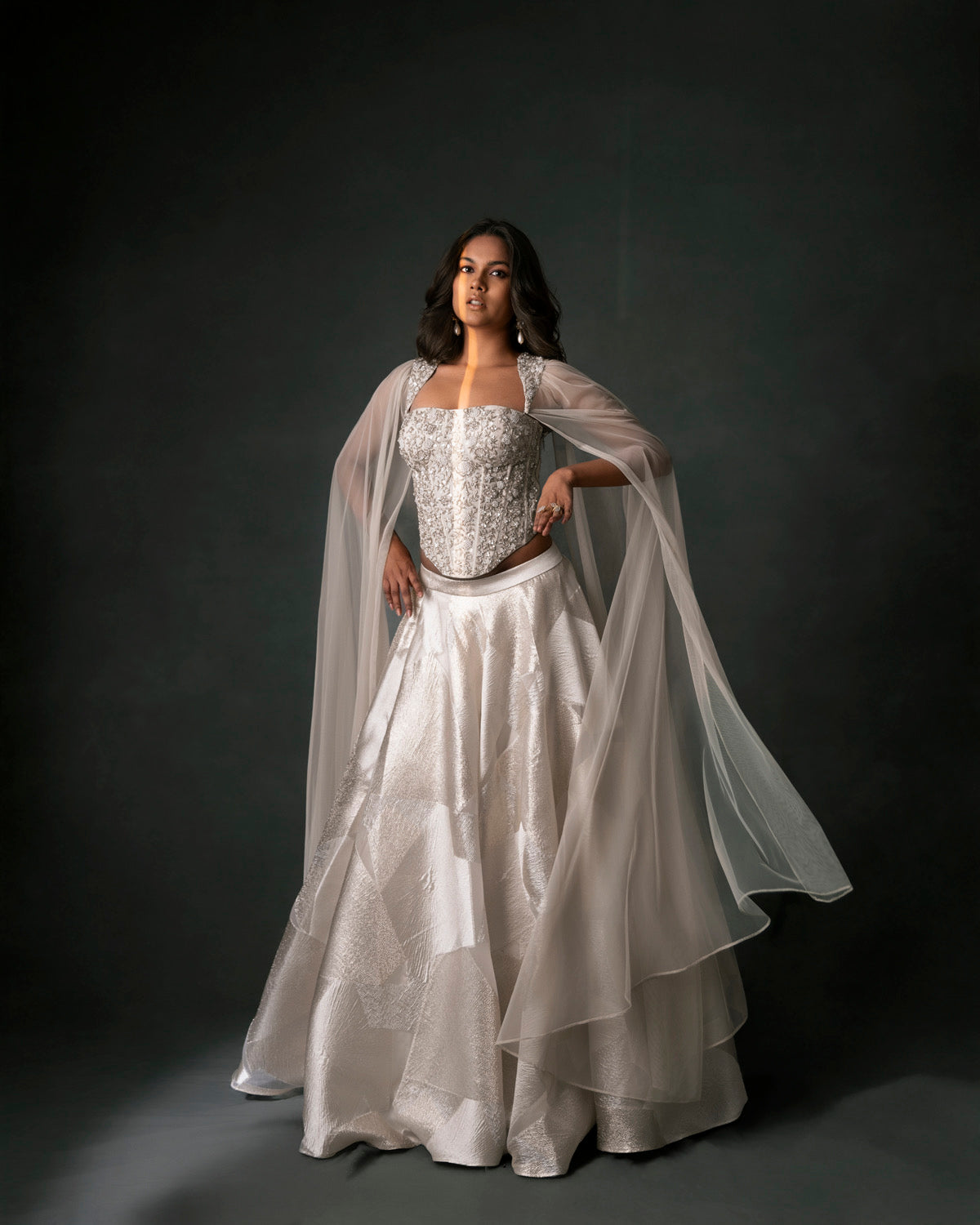 Ivory Corset with Cape Sleeves and Organza Zari Skirt