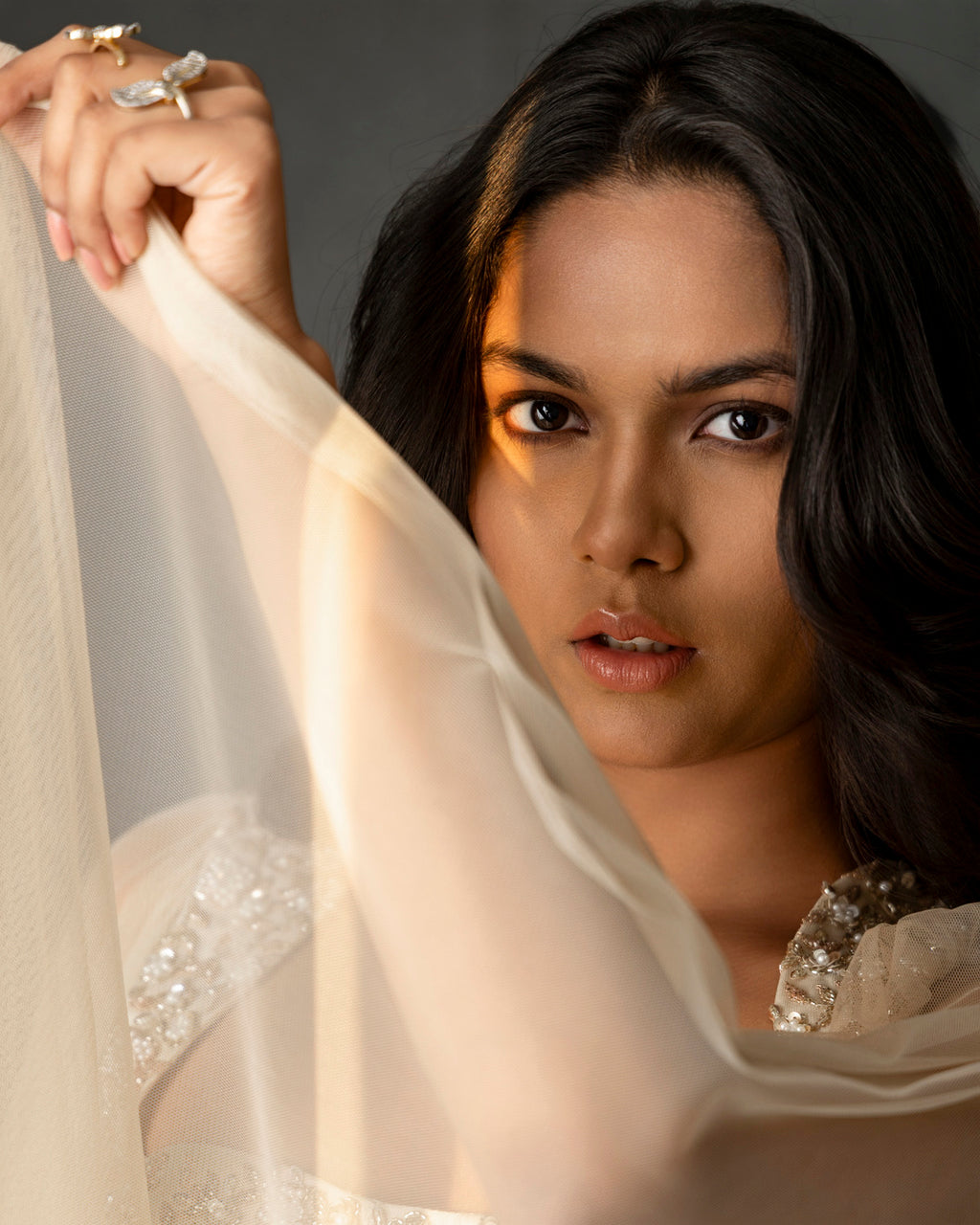 Ivory Corset with Cape Sleeves and Organza Zari Skirt