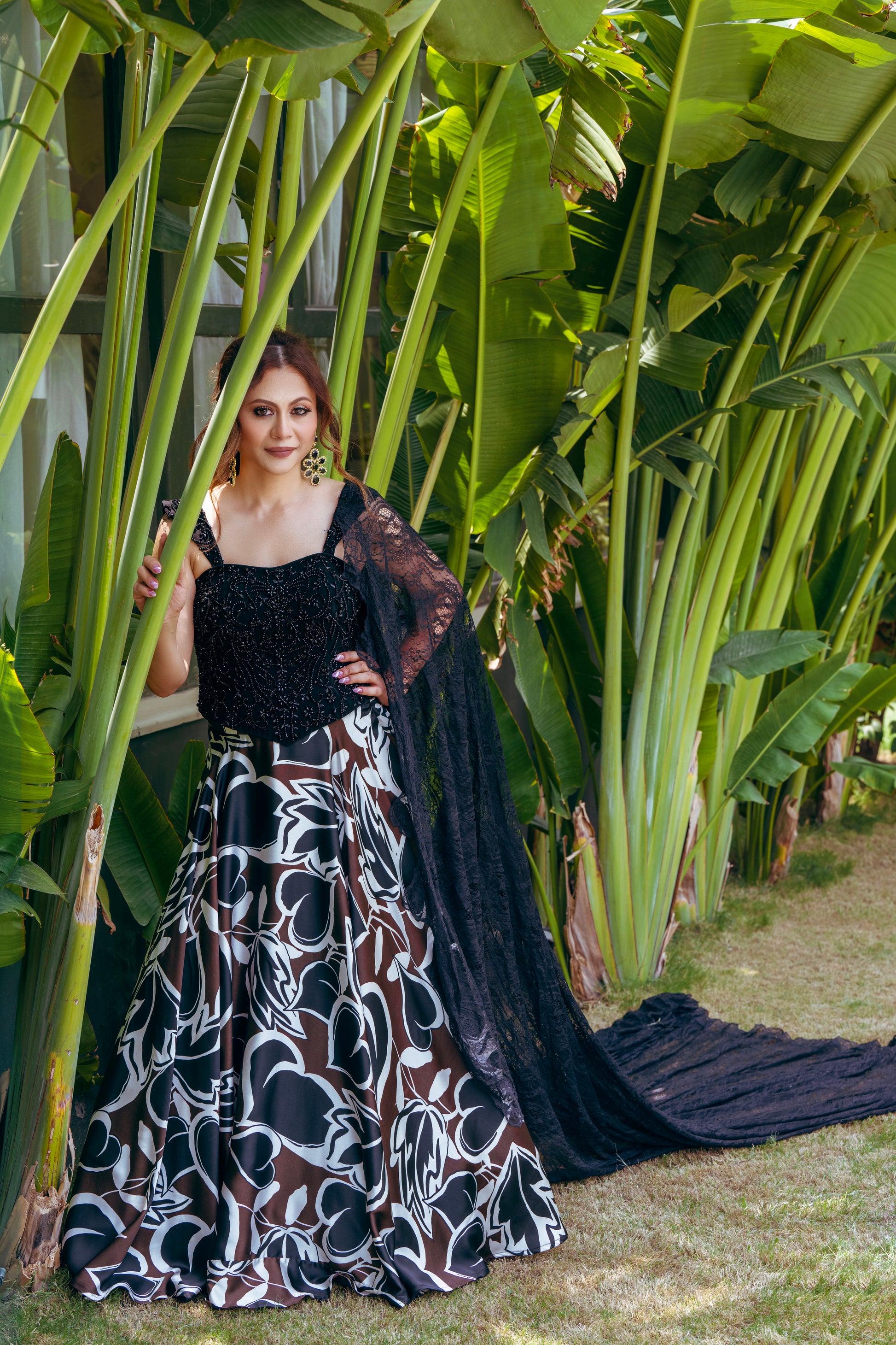 Black Crystal Corset & Satin Digital Print Skirt