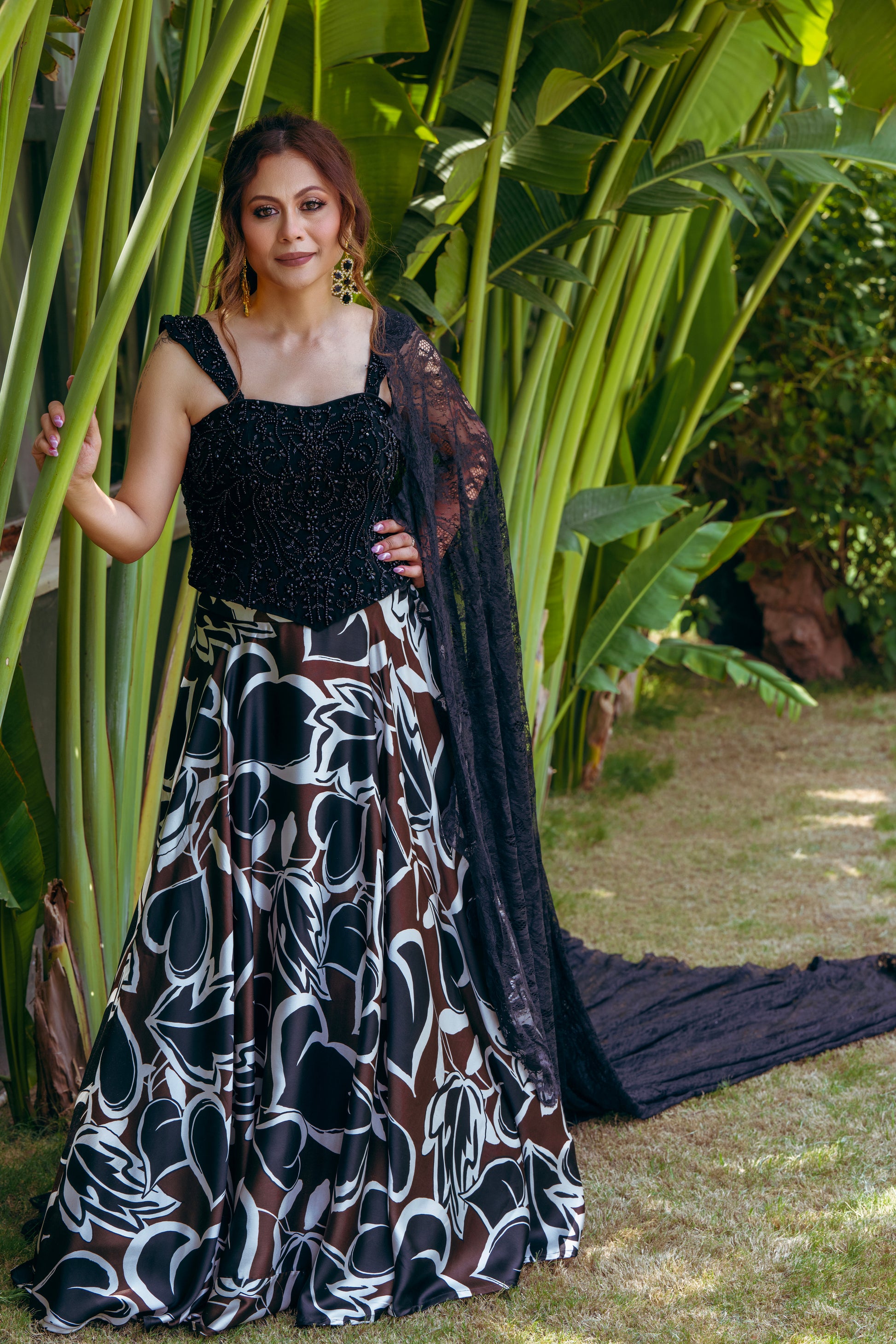 Black Crystal Corset & Satin Digital Print Skirt