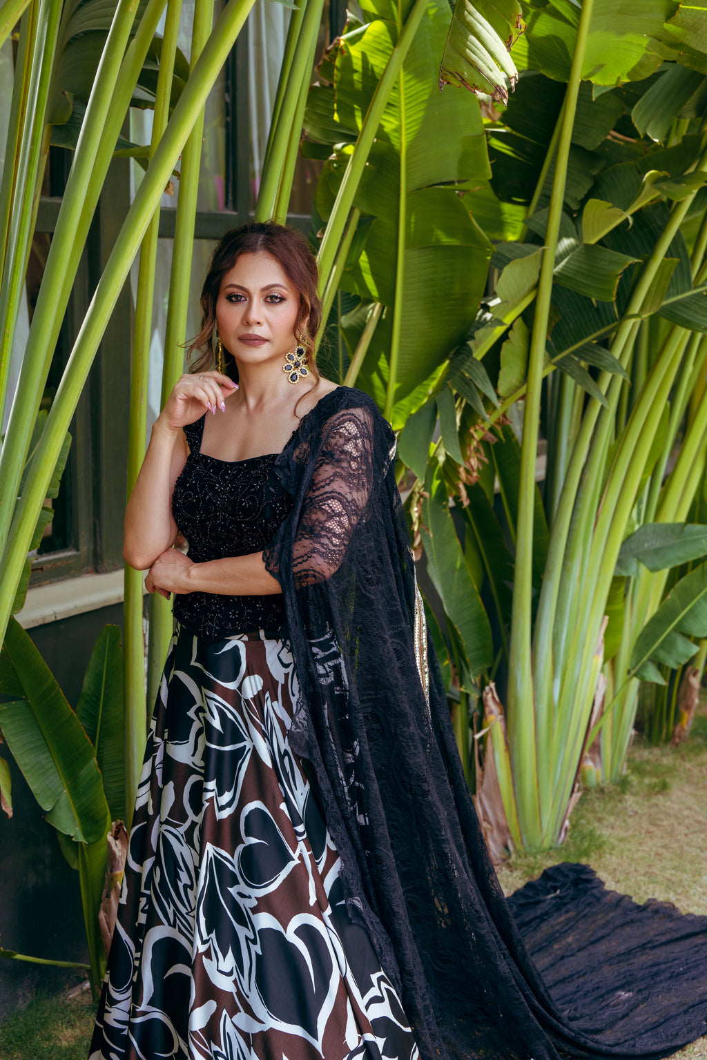 Black Crystal Corset & Satin Digital Print Skirt