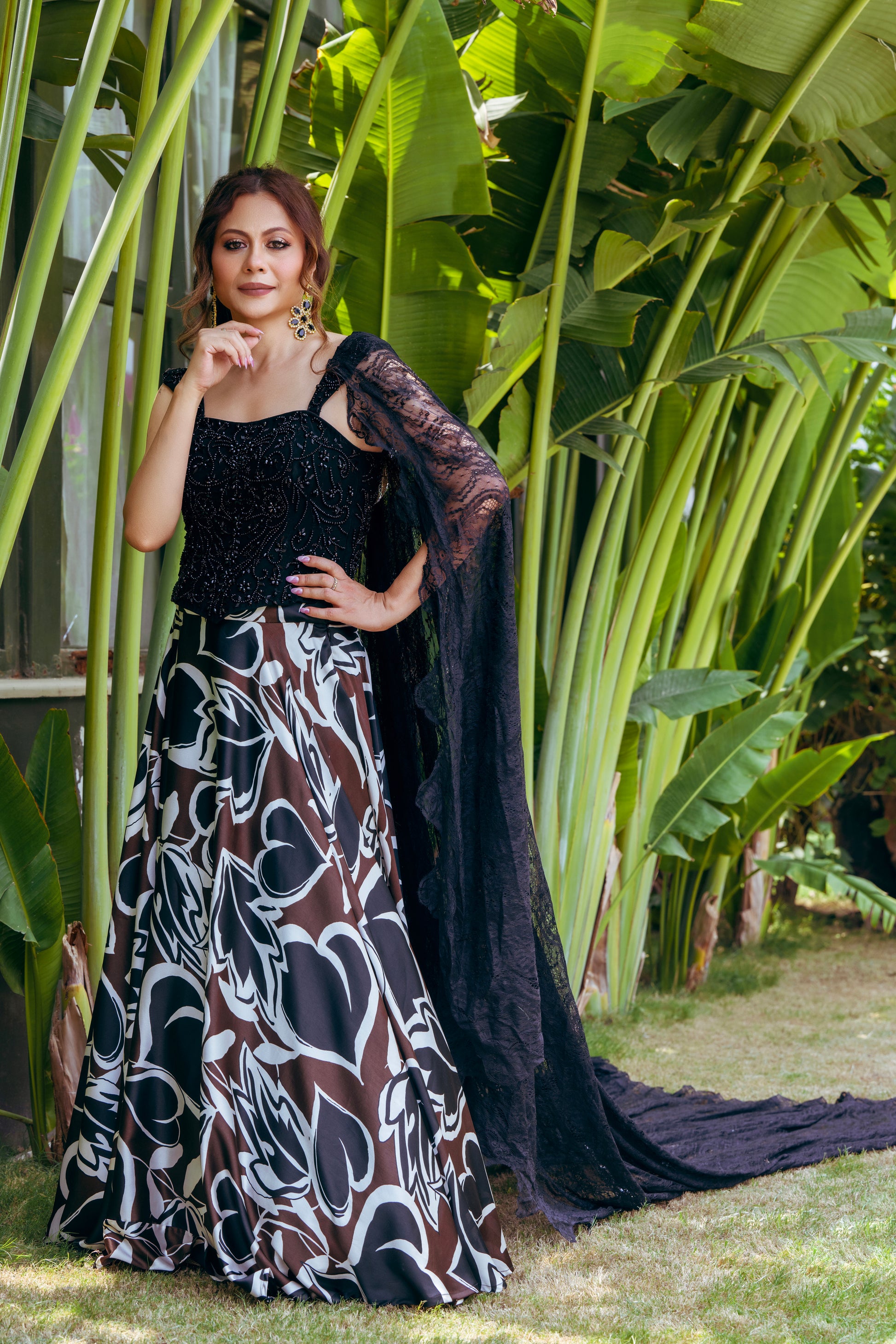 Black Crystal Corset & Satin Digital Print Skirt