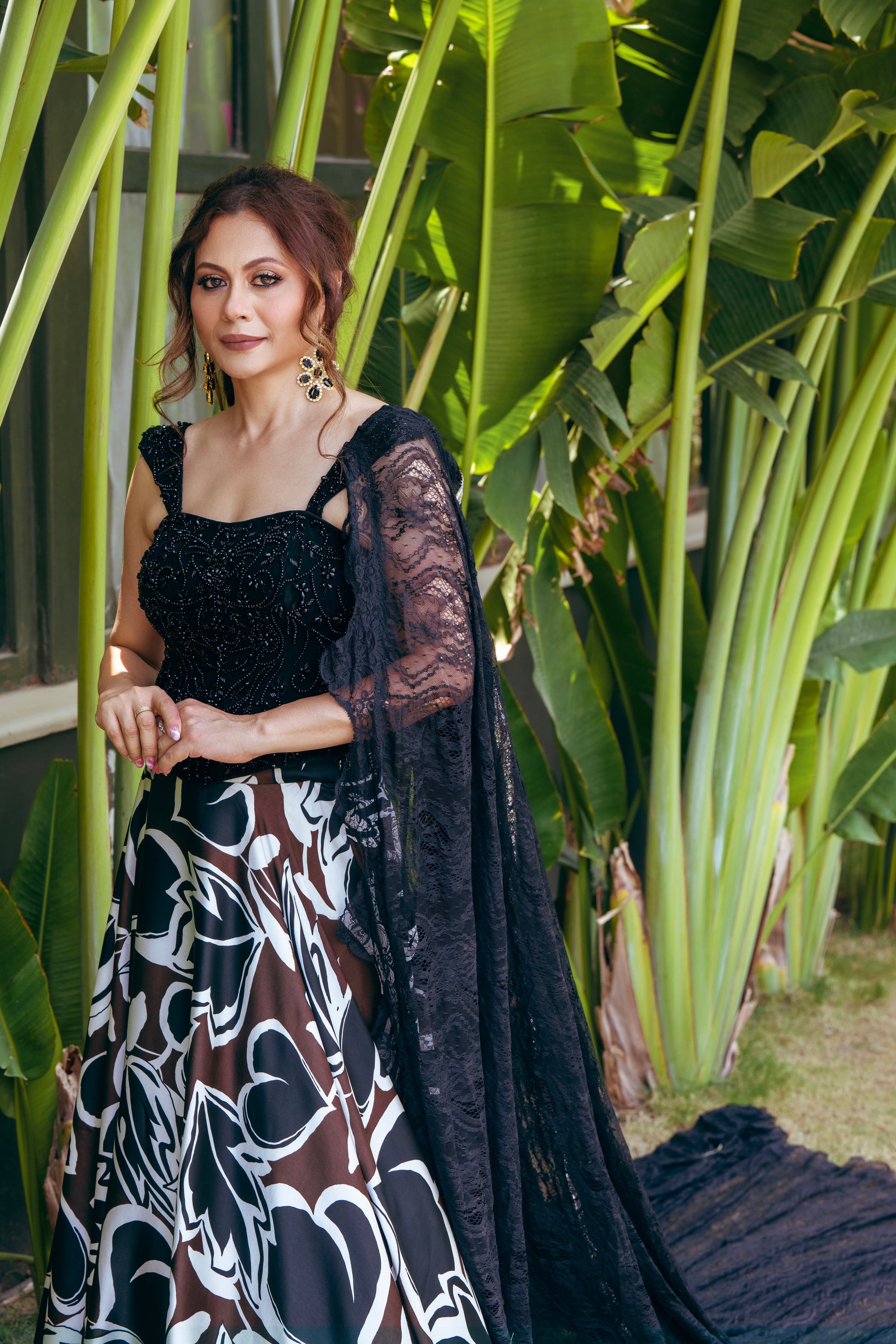Black Crystal Corset & Satin Digital Print Skirt