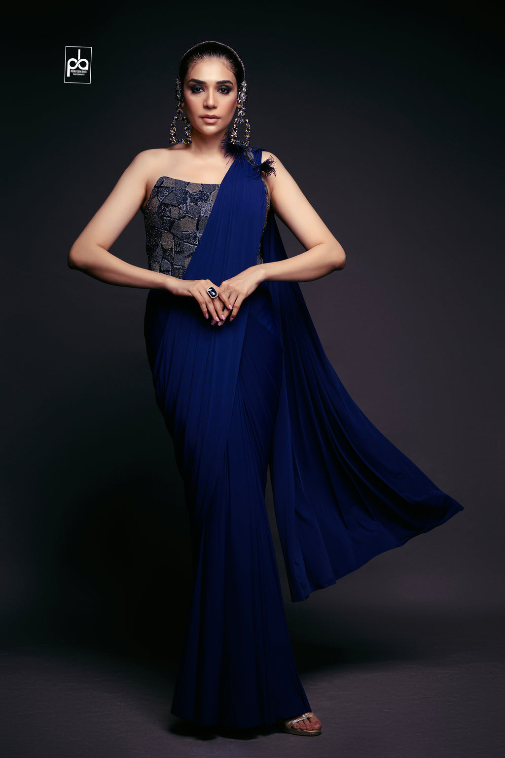 Navy Blue Pre-Draped Saree with Corset & Brooch