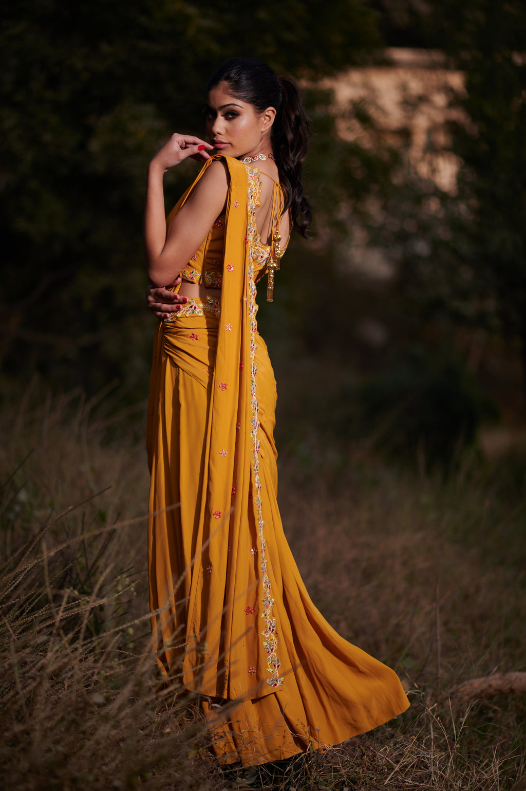 Mustard Yellow Pre-Draped Saree with Mirror, Zari, Reham & Cutdana Work – Crepe Fabric
